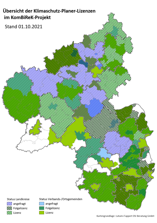 Das Bild zeigt eine Karte von Rheinland-Pfalz mit den Kommunen die KomBiReK nutzen